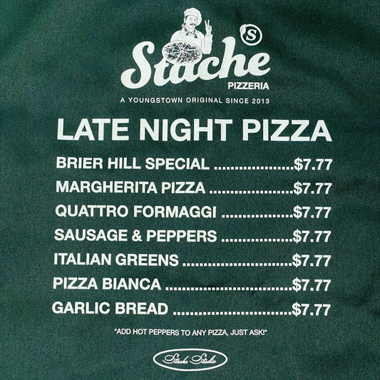 Stache Pizzeria Menu Work Shirt - 'Green'